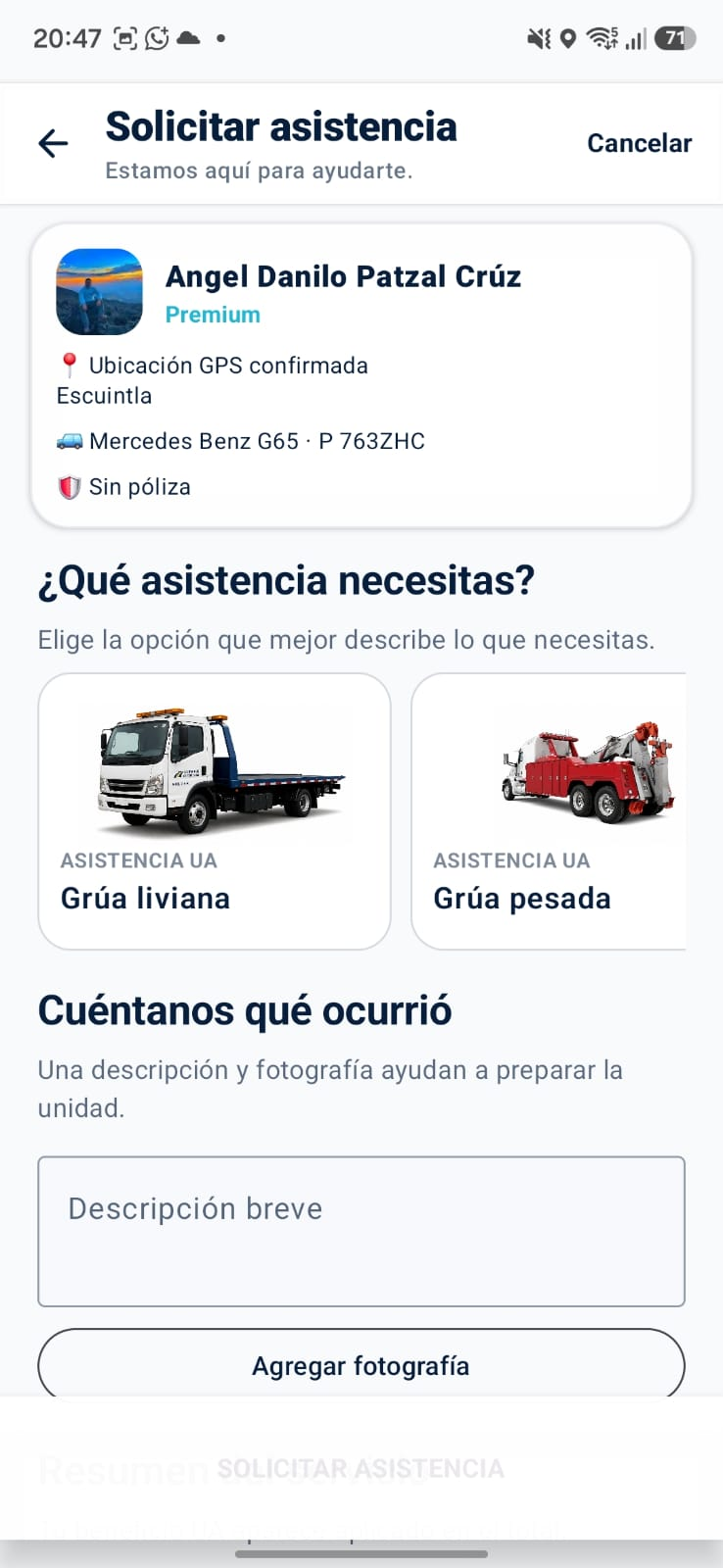 UA Control: solicitud de asistencia y opciones de servicio.
